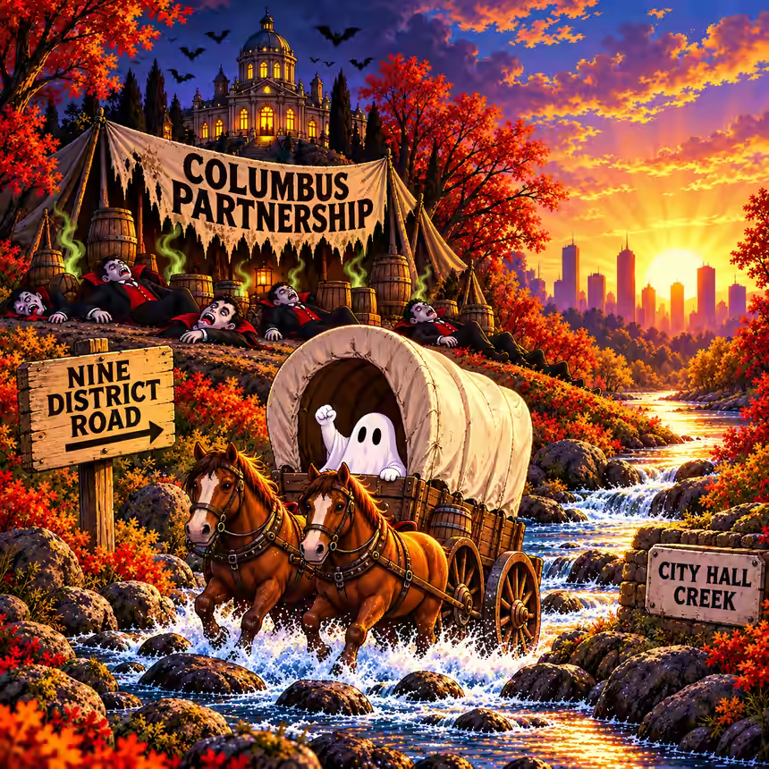Haunted Trail wagon crossing City Hall Creek as the sun rises